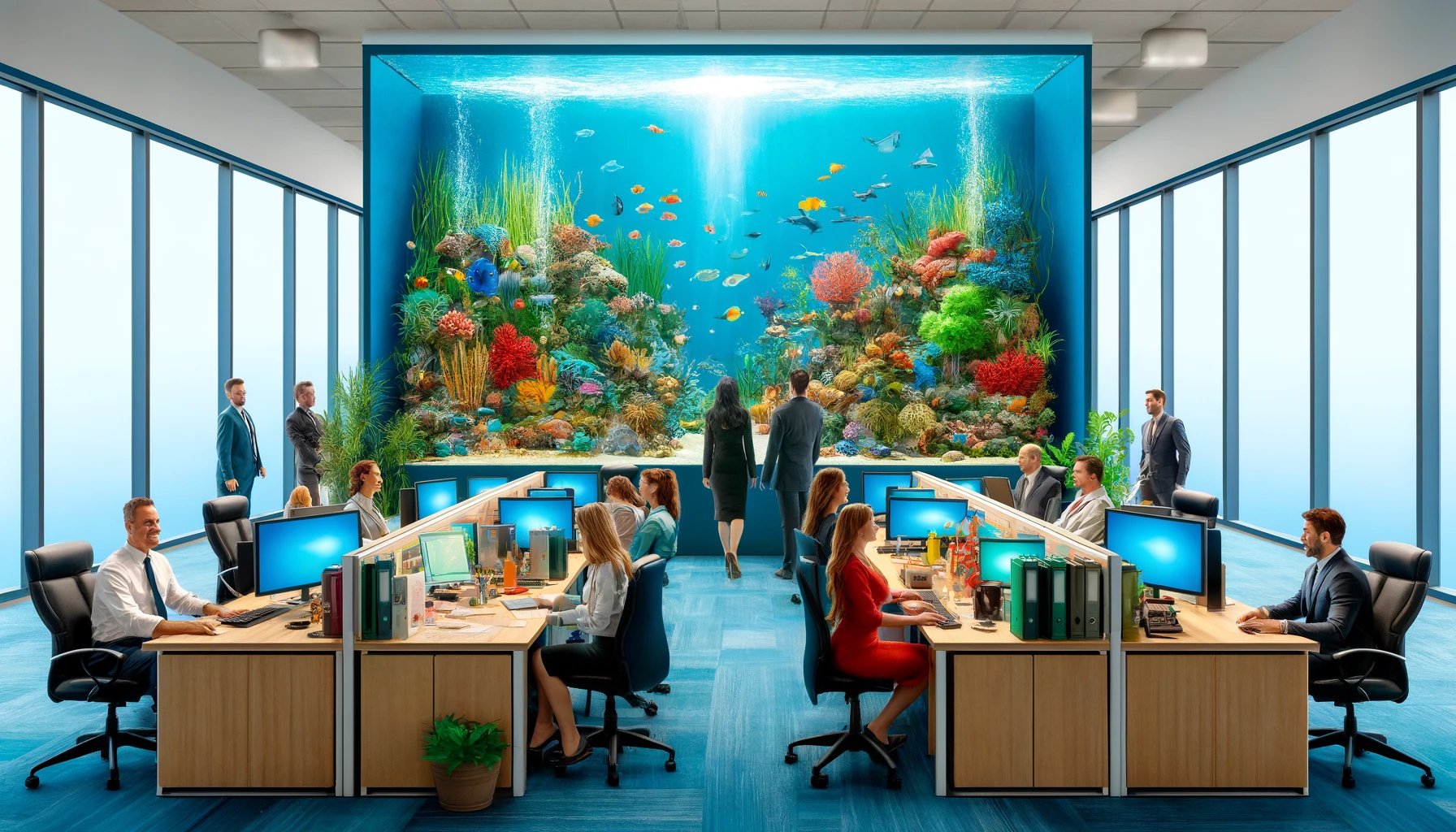 DALL·E 2024-05-16 07.56.17 - Visualize The Office Aquarium_ From Corporate Drab to Fin-tastic Fun! This image portrays a vibrant transformation of a typical corporate office int