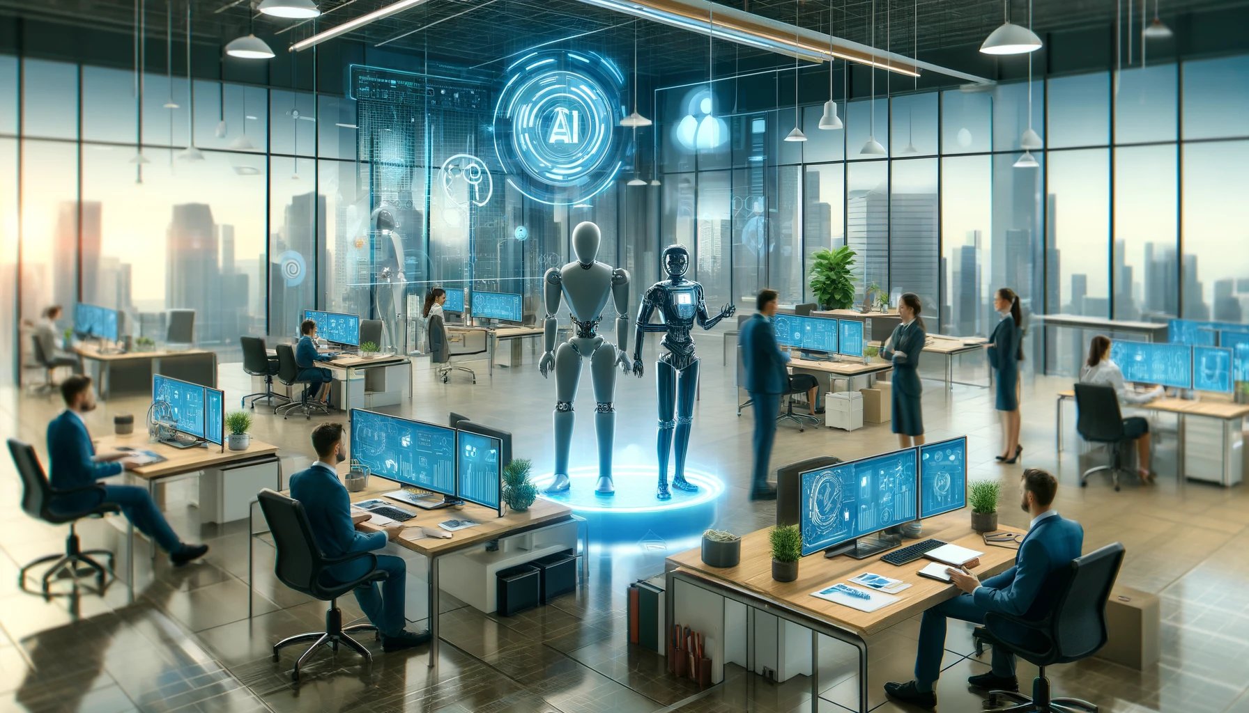 DALL·E 2024-05-17 19.09.57 - Create a realistic and visionary image for the theme AI and the Future of Work_ Redefining Productivity in 2024 in a wide format. The image should d